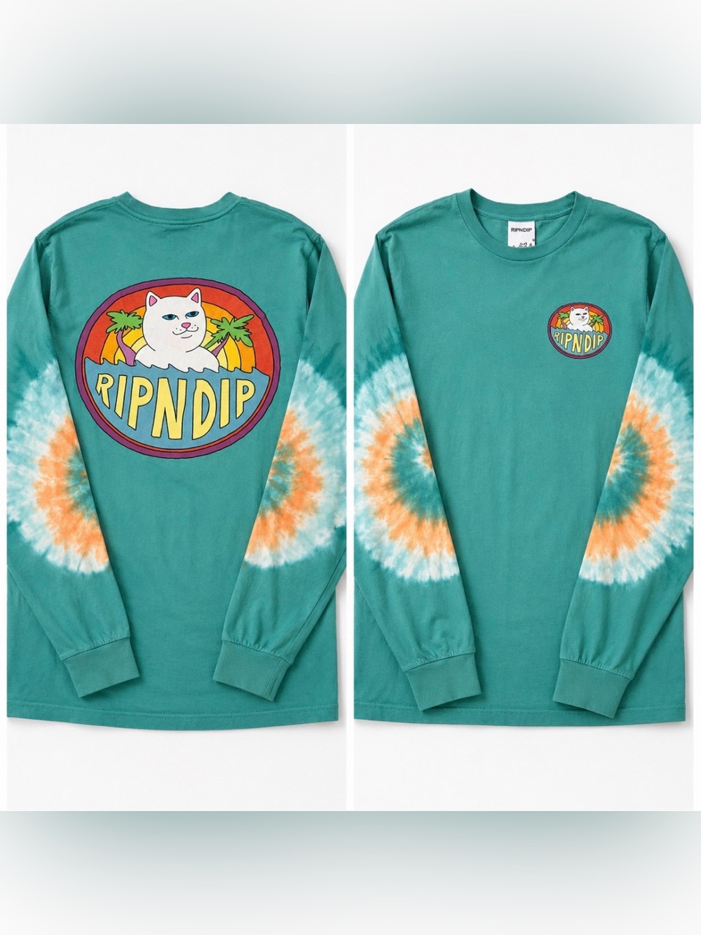 Ripndip Teal Longsleeve Tee with Orange & White Tie-Dye Sleeves